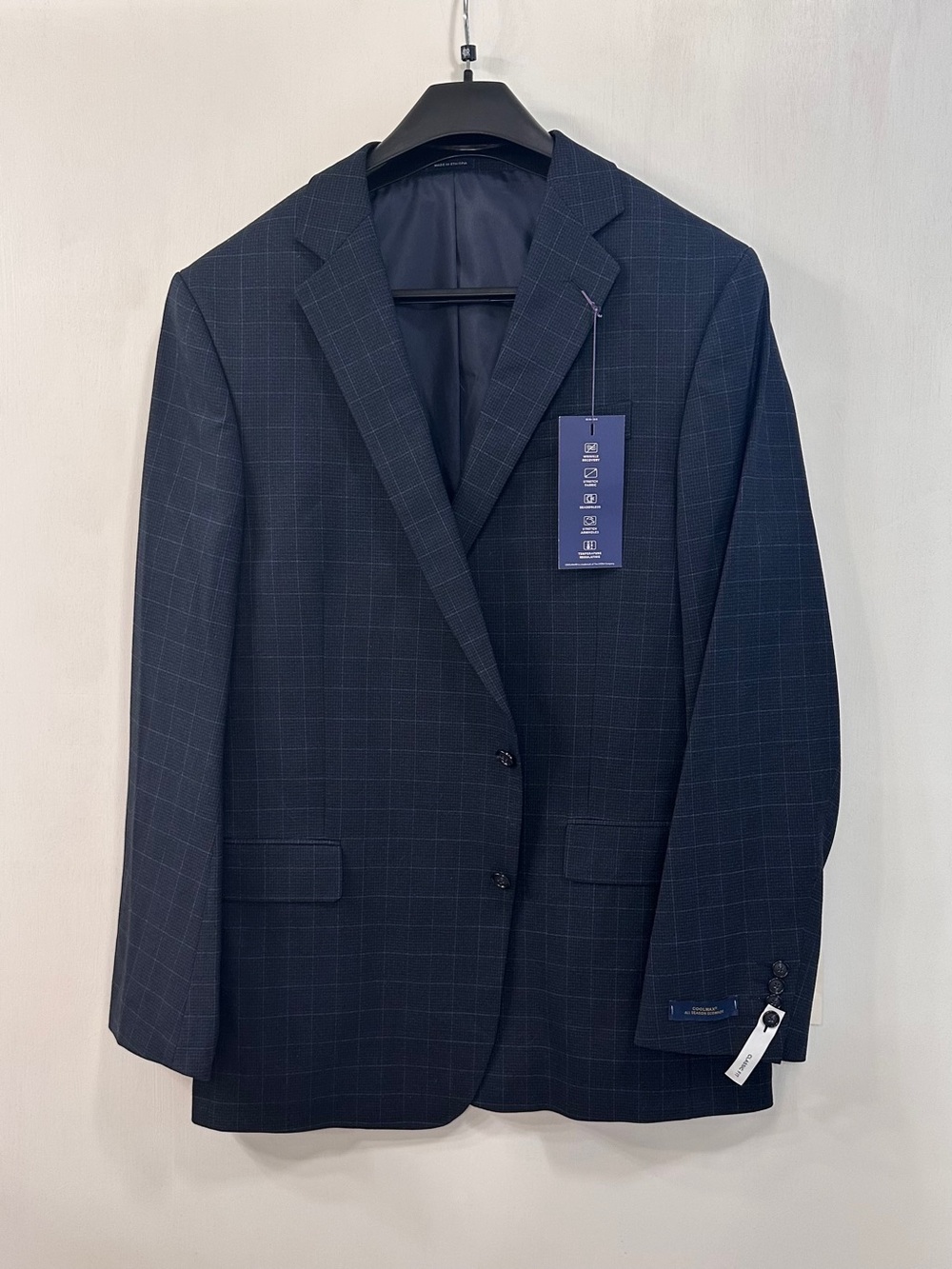 NWT Stafford CoolMax Blazer Mens 46L Navy Check Classic Suit Jacket Wool $220